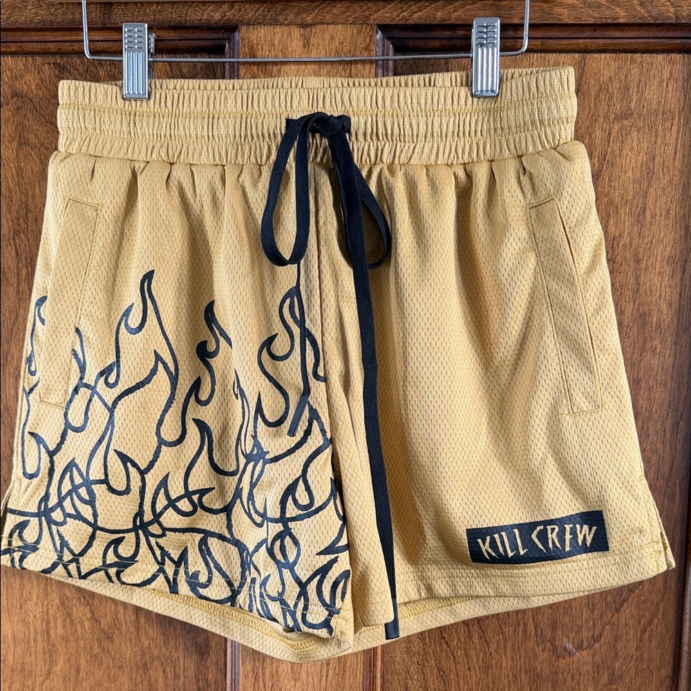 Kill Crew Gold Shorts with Black Flame Pattern - size M